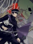  1boy black_hair cape devil_summoner gouto green_eyes hat highres kuzunoha_raidou male_focus morimiya_(kuroro) one_knee peaked_cap sheath sheathed shin_megami_tensei sideburns slit_pupils solo sword weapon 