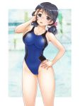  1girl black_eyes black_hair blue_swimsuit breasts cleavage collarbone commentary_request competition_swimsuit cowboy_shot hand_on_hip head_tilt highleg highleg_swimsuit highres large_breasts looking_at_viewer low_twintails mashinatsu medium_hair one-piece_swimsuit open_mouth original solo standing swimsuit twintails 