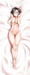  1girl absurdres alfred_cullado ass_visible_through_thighs bangs banned_artist barefoot bed_sheet black_hair breasts collarbone dakimakura from_above full_body gradient_hair grey_eyes grin hair_between_eyes highres incredibly_absurdres looking_at_viewer lying medium_breasts multicolored_hair navel nipples nude on_back pussy red_hair ruby_rose rwby shiny shiny_hair short_hair smile solo swept_bangs 