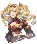  1girl :d bangs black_hairband blonde_hair blue_eyes braid breasts character_name cleavage cropped_torso floating_hair granblue_fantasy hairband highres long_hair looking_at_viewer medium_breasts midriff navel open_mouth shimatani_azu simple_background sketch smile solo stomach upper_body very_long_hair white_background zeta_(granblue_fantasy) 