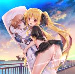  1girl ass black_skirt blonde_hair breasts cloud commentary_request cum cum_on_ass dakimakura_(object) evening fate_testarossa from_behind geko long_hair looking_at_viewer looking_back lyrical_nanoha mahou_shoujo_lyrical_nanoha no_panties object_hug orange_sky outdoors pillow pillow_hug shiny shiny_hair shiny_skin shirt_lift skirt sky small_breasts solo standing sunlight sunset takamachi_nanoha twintails 