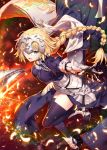  1girl :d armor armored_boots armored_dress bangs black_bow black_legwear blonde_hair blue_dress blue_eyes blush boots bow braid breasts chain commentary_request dress eyebrows_visible_through_hair fate/apocrypha fate_(series) flag flower gabiran gauntlets hair_between_eyes hair_bow headpiece jeanne_d&#039;arc_(fate) jeanne_d&#039;arc_(fate)_(all) long_hair looking_at_viewer medium_breasts open_mouth single_braid smile solo standing standing_on_one_leg sword thighhighs v-shaped_eyebrows very_long_hair weapon white_flower 