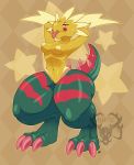  2019 anthro areola brahkest breasts claws digital_media_(artwork) dinosaur dracozolt female fossil_pok&eacute;mon half-closed_eyes hi_res hybrid hyper looking_at_viewer narrowed_eyes nintendo non-mammal_breasts nude pok&eacute;mon pok&eacute;mon_(species) pose pussy reptile scalie simple_background solo solo_focus spikes star theropod thick_thighs tongue tongue_out video_games watermark wide_hips yellow_theme 