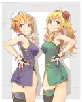  2girls \n/ ahoge back_cutout blonde_hair bow bracelet bridal_gauntlets bun_cover character_request china_dress chinese_clothes commentary_request double_bun dress green_bow green_eyes grin hair_flaps highres hoshii_miki ibuki_tsubasa idolmaster idolmaster_million_live! jewelry long_hair looking_back multiple_girls orange_hair panty_straps purple_eyes short_hair side_slit single_thighhigh smile thighhighs twintails w yellow_bow yoshito 