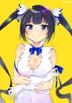  1girl absurdres bare_shoulders black_hair blue_eyes blue_ribbon blush breasts cleavage cleavage_cutout commentary dress dungeon_ni_deai_wo_motomeru_no_wa_machigatteiru_darou_ka gloves hair_ornament hair_ribbon hestia_(danmachi) highres large_breasts long_hair looking_at_viewer ribbon rinse_7 simple_background smile solo twintails white_dress white_gloves yellow_background 