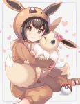  &gt;:) 1girl black_hair blush brown_eyes closed_mouth cosplay eevee eevee_(cosplay) flower gen_1_pokemon heart hug kurasawa_moko long_sleeves poke_ball poke_ball_(generic) poke_kid_(pokemon) pokemon pokemon_(creature) pokemon_(game) pokemon_swsh red_flower short_hair sitting smile solo wariza white_background 