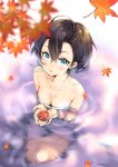  1girl autumn_leaves bangs black_hair blue_eyes blurry_foreground blush breasts cleavage closed_mouth from_above hair_between_eyes highres leaf looking_at_viewer maple_leaf medium_breasts miruko_tete naked_towel partially_submerged shiny shiny_hair shironeko_project short_hair sitting solo towel twitter_username white_towel 