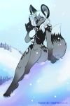  2019 4_toes 5_fingers african_wild_dog anthro blue_eyes canid canine day detailed_background digital_media_(artwork) eyebrows eyelashes female fingers fur grey_body grey_fur jasmae mammal nude outside sky solo toes 