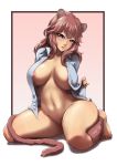  1girl absurdres animal_ear_fluff animal_ears areolae bangs barefoot blue_eyes blue_shirt borrowed_character bottomless breasts breasts_apart brown_fur brown_hair collarbone commentary commission covered_nipples dormouse_(monster_girl_encyclopedia) english_commentary feet full_body fur hair_between_eyes head_tilt highres huge_breasts long_hair looking_at_viewer monster_girl_encyclopedia mouse_ears mouse_girl mouse_tail naked_shirt navel open_clothes open_shirt original outside_border parted_lips second-party_source shirt sitting solo tail thick_thighs thighs toes vellu_(geenymous) 