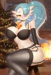  armwear big_breasts blue_hair blush bra breasts butt christmas christmas_tree clothed clothing elbow_gloves eyewear female fireplace gardevoir garter_belt garter_straps glasses gloves hair hand_on_breast handwear holidays inside legwear lonelycross long_hair navel nintendo orange_eyes pok&eacute;mon pok&eacute;mon_(species) ponytail shiny_pok&eacute;mon sitting smile solo stockings tree underwear video_games white_body white_skin 