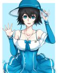  1girl absurdres artist_name bare_shoulders black_hair blue_background blue_bow blue_dress blue_eyes blue_headwear bow breasts cleavage collarbone commentary dress hair_between_eyes hat highres large_breasts looking_at_viewer shiina_mayuri short_hair simple_background smile solo steins;gate unique_(pixiv12704744) white_background 