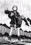  2girls akaboshi_koume carrying crying girls_und_panzer highres hone_(honehone083) monochrome multiple_girls nishizumi_miho princess_carry rain skirt sky splashing twitter_username water wet wet_clothes wet_hair 