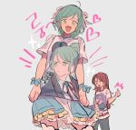  /\/\/\ :d ;d ahoge bang_dream! black_pants blue_bow blue_choker blue_skirt bow catchphrase character_name character_print choker emphasis_lines green_eyes grey_background hair_ribbon heart hikawa_hina hikawa_sayo korean_text one_eye_closed open_mouth pants purple_hair red_hair res2shuu ribbon shirt shirt_tug side_braids skirt smile t-shirt thumbs_up udagawa_ako udagawa_tomoe v-shaped_eyebrows white_ribbon wrist_bow 