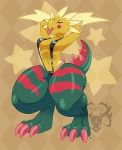  2019 anthro areola brahkest breasts claws clothed clothing digital_media_(artwork) dinosaur dracozolt female fossil_pok&eacute;mon half-closed_eyes hi_res hybrid hyper looking_at_viewer narrowed_eyes nintendo non-mammal_breasts pok&eacute;mon pok&eacute;mon_(species) pose reptile scalie simple_background solo solo_focus spikes star theropod thick_thighs tongue tongue_out video_games watermark wide_hips yellow_theme 