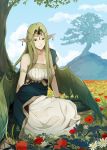  1girl absurdres armlet blue_sky closed_mouth cloud day dress earrings fire_emblem fire_emblem_echoes:_shadows_of_valentia flower green_hair highres horn jewelry long_hair mila_(fire_emblem) outdoors pointy_ears sitting sky smile solo tree yayster 