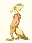  2019 anthro barefoot bottomwear canid canine clothed clothing disney fox fully_clothed fur hoodie mammal marema_kishin nick_wilde orange_body orange_fur pants red_fox side_view simple_background solo standing tan_background topwear zootopia 