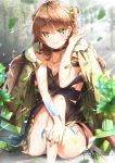  1girl absurdres ahoge bandages bandaid bangs bare_shoulders blush bow breasts brown_hair choker cleavage collarbone double_bun dress eyebrows_visible_through_hair fur-trimmed_jacket fur_trim girls_frontline green_eyes green_nails hair_between_eyes hair_bow hair_tucking highres jacket jacket_on_shoulders ktmzlsy720 light_particles long_hair looking_at_viewer medium_breasts paint_splatter rfb_(girls_frontline) smile solo strap_slip torn_clothes yellow_nails 