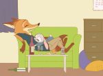  2017 alcohol ambiguous_gender anthro arm_tuft barefoot beer beverage bottomwear calendar canid canine cheek_tuft clothed clothing crossed_legs curtains dipstick_ears disney duo elbow_tufts eyes_closed facial_tuft food fox fully_clothed fur furniture grey_body grey_fur hand_behind_back hi_res inner_ear_fluff inside judy_hopps lagomorph leporid mammal multicolored_ears nick_wilde on_top open_mouth orange_body orange_fur pants pillow rabbit reclining red_fox scut_tail shirt sleeping sofa srfkkk t-shirt table topwear tuft wine_bottle wine_glass zootopia 