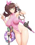  1girl absurdres armpits bag bangs bare_hips breasts breasts_apart brown_hair character_doll collarbone covered_navel cowboy_shot double_v eyebrows_visible_through_hair fingerless_gloves gloves green_eyes greentree gun hair_ribbon halterneck highleg highleg_swimsuit highres holding holding_bag impossible_clothes impossible_swimsuit last_origin long_hair looking_at_viewer pink_ribbon pink_swimsuit pussy ribbon side_ponytail simple_background single_glove solo sweatband swimsuit tomoe_(last_origin) v weapon weapon_request white_background 