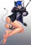  arknights barefoot blue_hair blue_tongue coat cross cross_necklace feet fur-trimmed_coat fur_trim gloves grey_gloves highres hood hooded_jacket horns jacket jewelry mostima_(arknights) necklace overcast short_hair tail tank_top_lift toe_ring underwear xo_(xo17800108) 