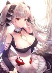  1girl absurdres artist_name azur_lane backlighting bangs between_breasts breasts cleavage collarbone commentary earrings eyebrows_visible_through_hair formidable_(azur_lane) frills fujimori_shiki hair_ribbon hand_on_own_face highres jewelry large_breasts long_hair looking_at_viewer parted_lips platinum_blonde_hair red_eyes ribbon twintails two-tone_dress two-tone_ribbon upper_body 