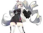  boots cameltoe cropped dress gloves gray_hair gun headband ikomochi long_hair original panties red_eyes thighhighs twintails underwear weapon white zettai_ryouiki 