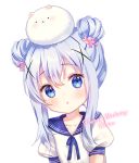  1girl angora_rabbit animal animal_on_head bangs blue_eyes blue_hair blue_ribbon blue_sailor_collar blush bunny character_name chestnut_mouth collarbone commentary double_bun english_commentary eyebrows_visible_through_hair flower gochuumon_wa_usagi_desu_ka? hair_between_eyes hair_flower hair_ornament happy_birthday kafuu_chino long_hair natsumii_chan neck_ribbon on_head parted_lips pink_flower puffy_short_sleeves puffy_sleeves ribbon sailor_collar shirt short_sleeves sidelocks simple_background tippy_(gochiusa) upper_body white_background white_shirt x_hair_ornament 