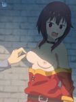  1boy 1girl absurdres artist_name bangs belt blush breasts brown_belt brown_collar brown_hair collarbone dress dress_pull highres keihh kono_subarashii_sekai_ni_shukufuku_wo! medium_breasts megumin nipple_tweak nipples open_mouth out_of_frame red_dress red_eyes short_hair short_hair_with_long_locks solo_focus stone_wall upper_body wall 