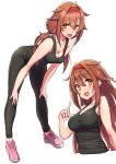  breasts brown_hair cleavage comala_(komma_la) hair_flaps highres index_finger_raised kantai_collection leaning_forward long_hair long_pants medium_breasts pants pink_footwear shiratsuyu_(kantai_collection) shoes simple_background sneakers sportswear tank_top twintails 
