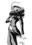  1boy absurdres antennae black_pants black_suit boku_no_hero_academia centipeder formal full_body gloves greyscale hand_up highres insect_boy male_focus monochrome oohara_tetsuya pants profile simple_background solo standing suit teeth white_background white_gloves 