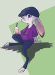  2019 anthro beverage bottomwear clothed clothing disney ears_down fully_clothed fur green_background grey_body grey_fur holding_beverage holding_object judy_hopps lagomorph leporid looking_at_viewer mammal marema_kishin pants pivoted_ears purple_eyes rabbit shirt simple_background smile solo straw t-shirt toeless_legwear topwear zootopia 