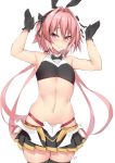  1boy animal_ears astolfo_(fate) astolfo_(saber)_(fate) black_gloves blush bow bowtie breath crop_top crossdressing fake_animal_ears fang fate/grand_order fate_(series) flat_chest gloves hair_ribbon heart heart-shaped_pupils highres kuavera long_hair microskirt multicolored_hair navel otoko_no_ko parted_lips pink_eyes pink_hair ribbon short_hair_with_long_locks signature skirt smile streaked_hair symbol-shaped_pupils thighhighs thighs twintails very_long_hair white_background zettai_ryouiki 