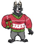  2019 adastra amicus_(adastra) anthro barefoot black_body black_fur bottomwear canid canine canis christmas claws clothing fangs fur gift grey_body grey_fur happy haps hi_res holidays looking_at_viewer male mammal multicolored_body multicolored_fur musclegut muscular muscular_male pants reindeer_hat simple_background smile solo sweater topwear two_tone_body two_tone_fur white_background wolf 