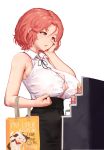  1girl absurdres bag bare_shoulders black_ribbon black_skirt breasts bursting_breasts button_gap clenched_hand collared_shirt covered_navel english_text fortune_(last_origin) greentree hair_between_eyes hand_on_own_cheek highres holding holding_bag large_breasts last_origin looking_down neck_ribbon no_bra parted_lips pencil_skirt red_eyes red_hair ribbon shirt shirt_tucked_in shopping short_hair simple_background skirt sleeveless sleeveless_shirt solo white_background white_shirt 