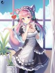  1girl :3 absurdres animal_ears bangs bell black_legwear breasts cleavage day dress fang heart highres indoors lazbee long_hair looking_at_viewer maid_headdress open_mouth original pink_hair plant potted_plant purple_eyes skin_fang smile solo tail window 