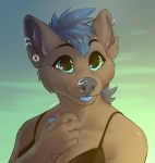  2018 5_fingers anthro black_body black_fur blue_eyes blue_hair blue_tongue canid canine digital_media_(artwork) ear_piercing ear_ring female fingers fur hair mammal piercing smu solo tongue 