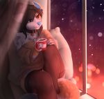  2017 5_fingers anthro beverage biped blue_nose bow brown_eyes brown_hair canid canine canis clothed clothing collar colored_nails cup digital_media_(artwork) domestic_dog ear_piercing eyebrows eyelashes female fingers flesh_tunnel gauged_ear hair hi_res hot_chocolate inside legwear looking_outside looking_through_window mammal marshmallow nails piercing pillow reflection relaxing sitting smileeeeeee smu solo stockings sweater thick_thighs topwear wide_hips window window_seat 