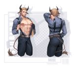  2019 abs animal_humanoid beard belt bottomwear bovid bovid_humanoid bovine bovine_humanoid cattle_humanoid clothed clothing ear_piercing facial_hair horn humanoid male mammal mammal_humanoid mosilll muscular muscular_male nipple_piercing nipples open_shirt pants pecs piercing shirt solo topwear 