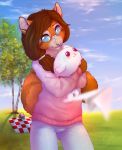  anthro brown_body brown_fur clothed clothing day detailed_background digital_media_(artwork) duo eyebrows eyelashes felid feline female fur grass mammal outside pink_nose sky smu 