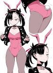  1girl alternate_costume animal_ears ass asymmetrical_bangs asymmetrical_hair bangs black_hair black_jacket black_nails blush breasts bunny_ears bunny_girl bunnysuit choker cleavage collarbone earrings green_eyes grey_legwear hair_ribbon highres jacket jewelry leotard long_sleeves looking_at_viewer mary_(pokemon) medium_breasts multiple_views open_clothes pink_bunny_ears pink_leotard pokemon pokemon_(game) pokemon_swsh red_ribbon ribbon simple_background suzusiigasuki twintails white_background 