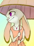  2019 anthro clothed clothing dipstick_ears disney dress ears_down fully_clothed fur grey_body grey_fur holding_object jewelry judy_hopps lagomorph leporid light lighting mammal marema_kishin multicolored_ears necklace outside pivoted_ears purple_eyes rabbit solo umbrella zootopia 