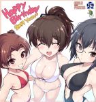  3girls :d arm_around_waist bangs bikini black-framed_eyewear black_eyes black_hair black_ribbon black_swimsuit blush breasts brown_eyes brown_hair character_name cleavage closed_eyes commentary copyright_name dated emblem english_text eyebrows_visible_through_hair front-tie_bikini front-tie_top girls_und_panzer grin hair_ribbon happy_birthday heart kadotani_anzu kasai_shin kawashima_momo koyama_yuzu long_hair looking_at_viewer medium_breasts medium_hair monocle multiple_girls navel ooarai_(emblem) open_mouth parted_bangs red_bikini ribbon semi-rimless_eyewear short_hair short_ponytail side-by-side side-tie_bikini slingshot_swimsuit small_breasts smile standing swimsuit turtle twintails under-rim_eyewear white_bikini 