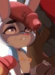  2019 anthro bikini bite biting_lip biting_own_lip bodily_fluids breasts clothed clothing disney doxy erection faceless_male female female_focus fingers genital_fluids group judy_hopps lagomorph leporid looking_at_penis looking_up male male/female mammal penis penis_grab penis_on_head precum purple_eyes rabbit self_bite simple_background solo_focus sweat swimwear uncut under_boob zootopia 