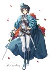  1girl belt black_hair blue_cape blue_eyes blue_headwear boots cape cross-laced_footwear flower full_body hand_on_hip highres holding holding_sword holding_weapon original petals risem sheath short_hair simple_background solo standing striped sword thigh_strap tilted_headwear weapon white_background 