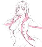  1girl bangs breasts character_request coat collarbone eyebrows_visible_through_hair idolmaster jacket large_breasts long_sleeves looking_at_viewer medium_breasts monochrome naked_coat navel one_eye_closed open_clothes open_jacket poin simple_background smile solo v white_background 