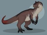  allosaurid allosaurus ambiguous_gender brown_body claws deermary dinosaur feral markings red_markings reptile scalie stripes theropod 