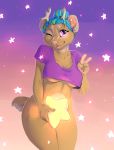  2017 5_fingers anthro bottomless breasts cervid clothed clothing covering covering_self digital_media_(artwork) female fingers gesture horn looking_at_viewer mammal one_eye_closed purple_eyes smile smu solo under_boob v_sign 