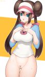  1girl :o ass_visible_through_thighs bangs blue_eyes blue_sleeves blush bottomless breasts bright_pupils brown_hair collarbone cowboy_shot dated double_bun hands_on_own_chest highres large_breasts long_hair long_sleeves looking_at_viewer mei_(pokemon) mogtate open_mouth pokemon pokemon_(game) pokemon_bw2 pubic_hair pussy raglan_sleeves shirt sidelocks solo sweat thigh_gap twintails two-tone_background uncensored v-shaped_eyebrows very_long_hair visor_cap white_headwear white_shirt 