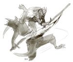  anthro clothed clothing digital_media_(artwork) duo fur greyscale haifisch_ehrlich holding_object knight lizard mammal melee_weapon monochrome reptile scalie sketch sword warrior weapon 