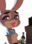  2019 anthro beverage bikini bodily_fluids breasts clothed clothing cum cum_on_chest disney doxy erection female fingers fur genital_fluids grey_body grey_fur judy_hopps lagomorph leporid mammal open_mouth purple_eyes rabbit sweat swimwear tongue tongue_out under_boob zootopia 